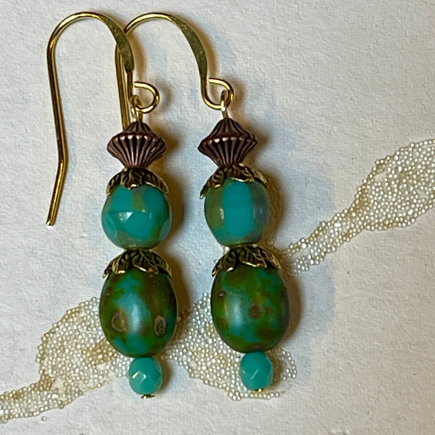 Green and Turquoise glass bead earrings, Hypoallergenic French earrings Hooks, Gold Plated Wire.
