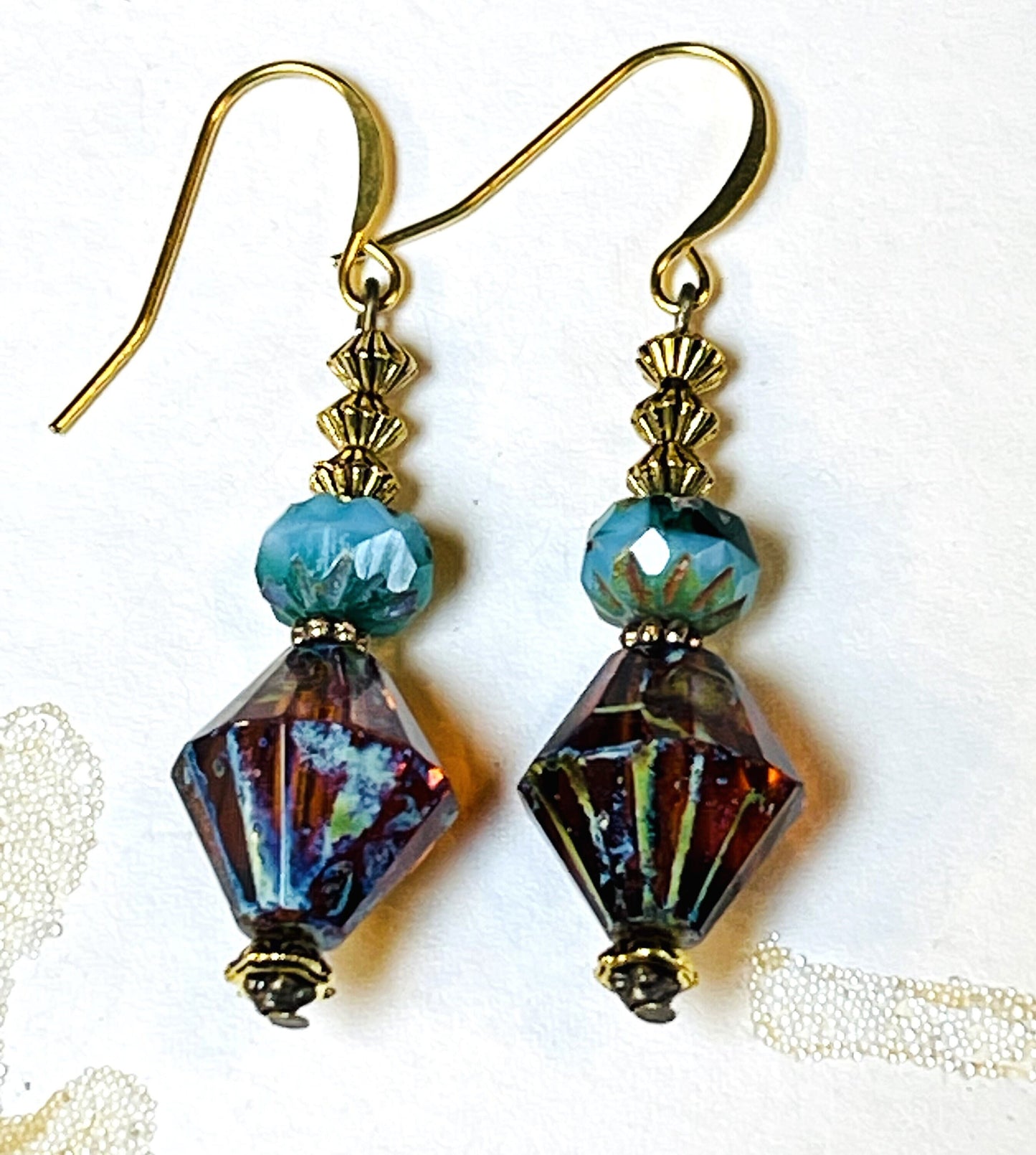 Amber Color Glass with Turquoise Glass Beads, BOHO earrings, Hypoallergenic French Earrings Hooks, Gold Plated Wire.