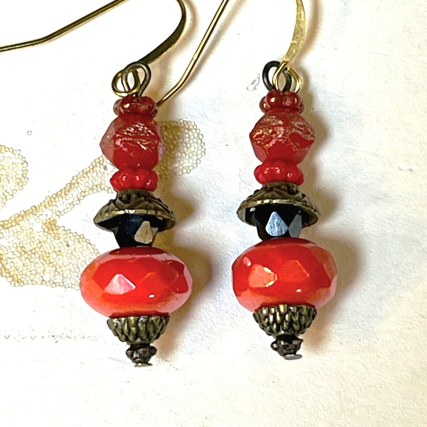 Coral and Red BOHO Czech Glass Bead Earrings, Hypoallergenic French earrings Hooks, Gold Plated Wire.