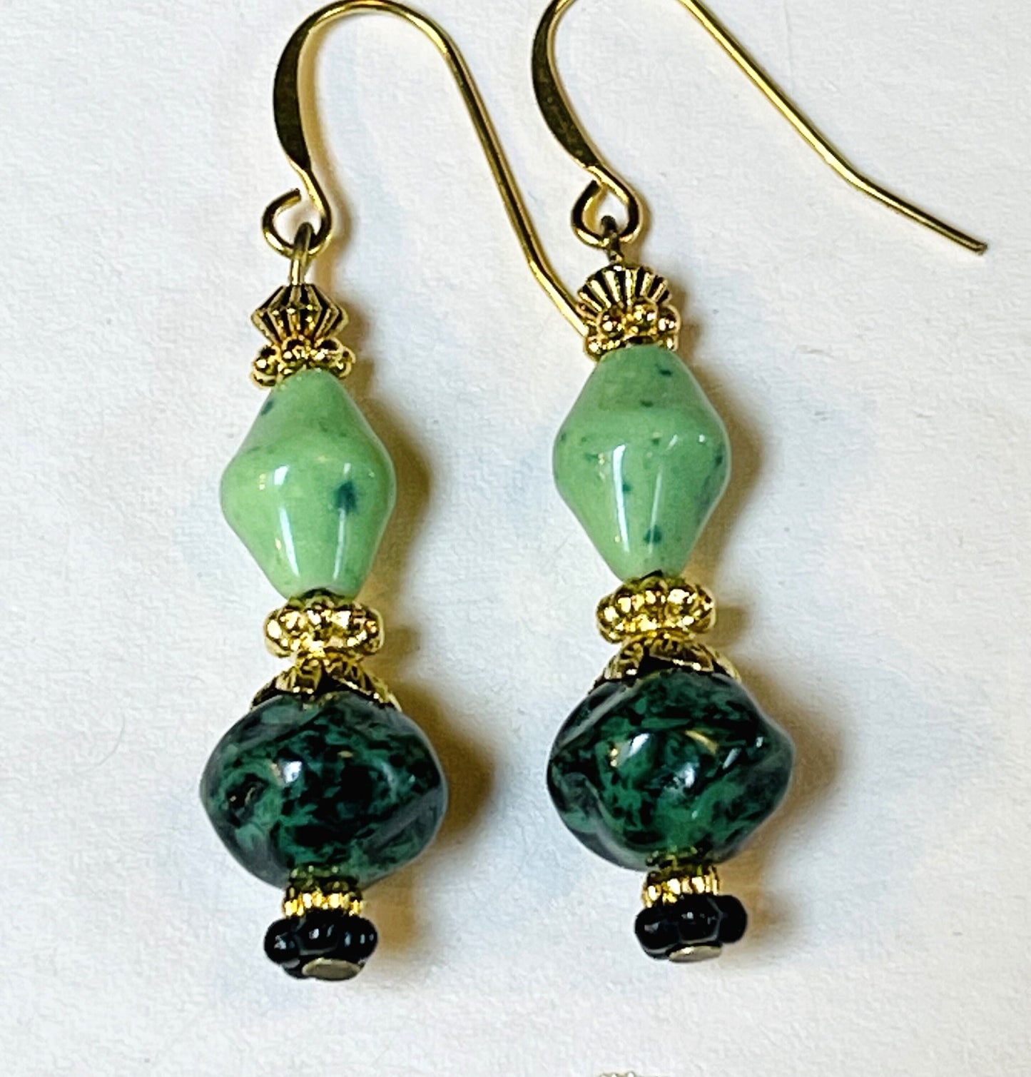 Green BOHO Vintage glass bead earrings, Hypoallergenic French earrings Hooks, Gold Plated Wire.