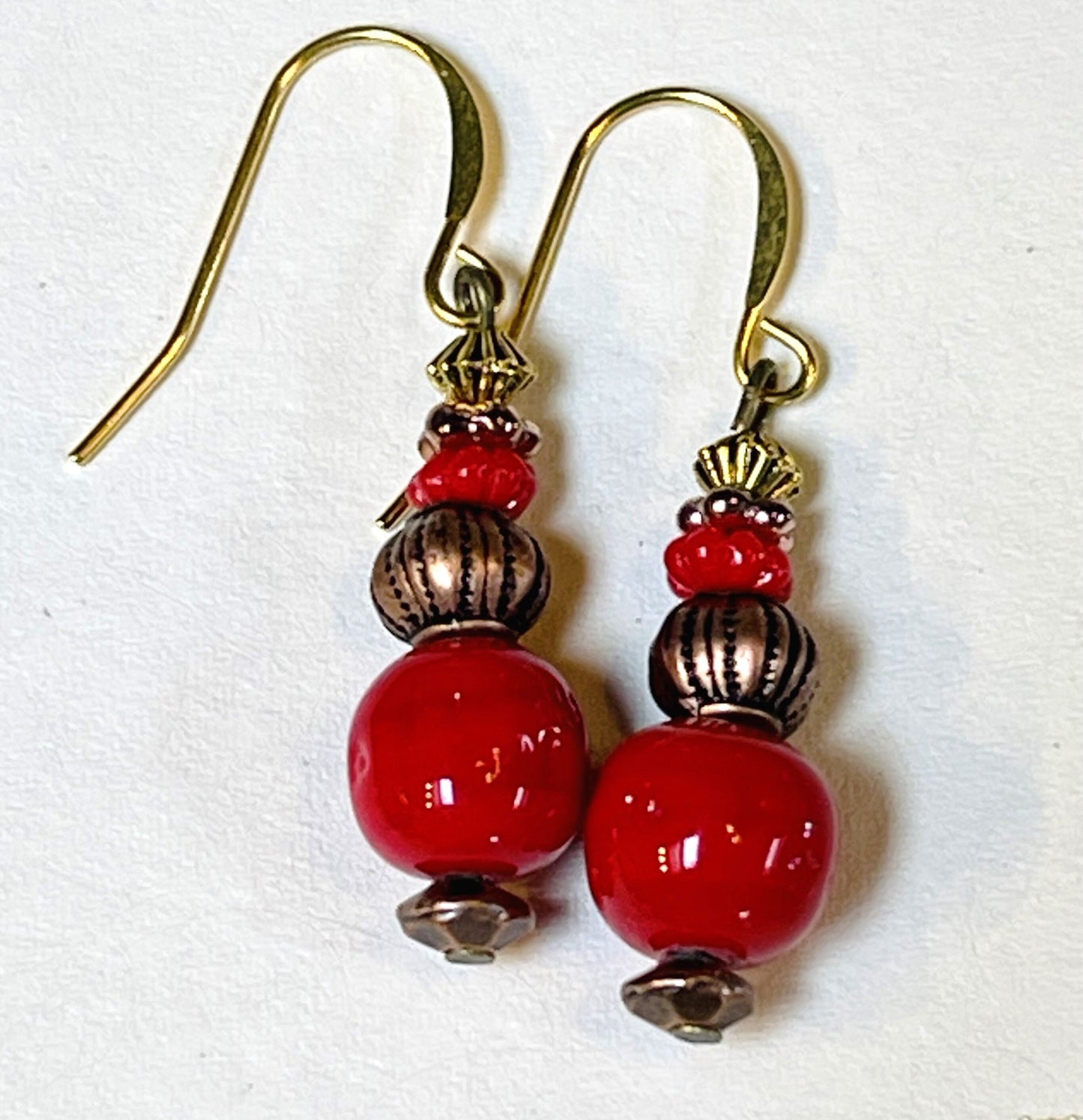 Red and Copper Czech Glass Earrings. Hypoallergenic French earrings Hooks, Gold Plated Wire.
