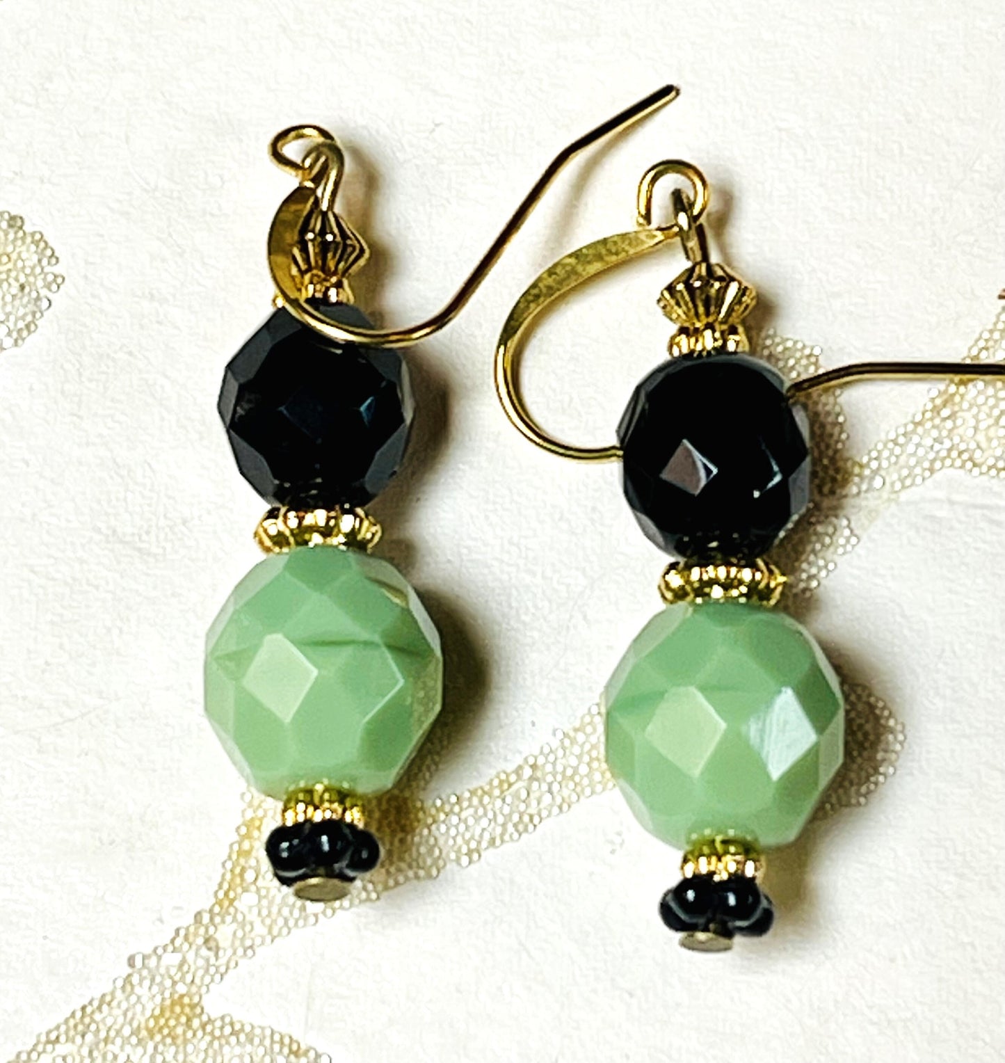Sea Green and Black Vintage Czech Glass Earrings. Hypoallergenic French earrings Hooks, Gold Plated Wire.