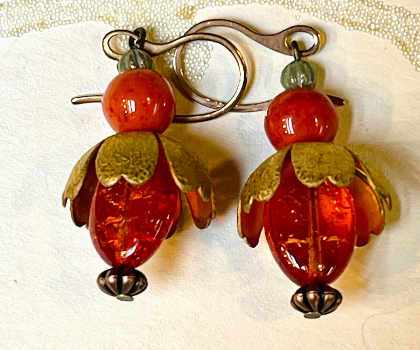 Flower Earrings. Orange and Copper Vintage bead caps, Czech Glass Earrings. Hypoallergenic French earrings Hooks, Gold Plated Wire.