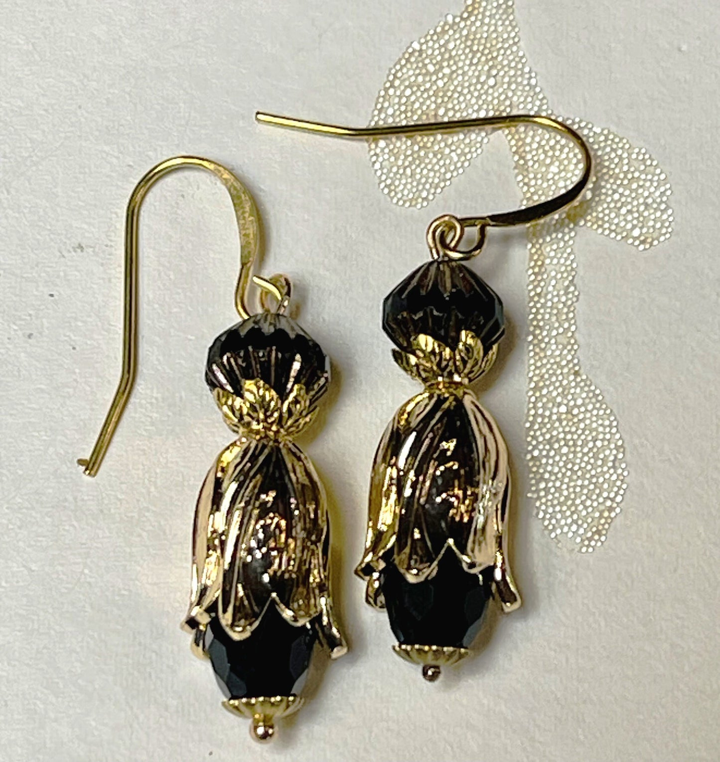 Shiny Gold Leaves on Black Glass Czech Beads. Hypoallergenic French earrings Hooks, Gold Plated Ear Wire.