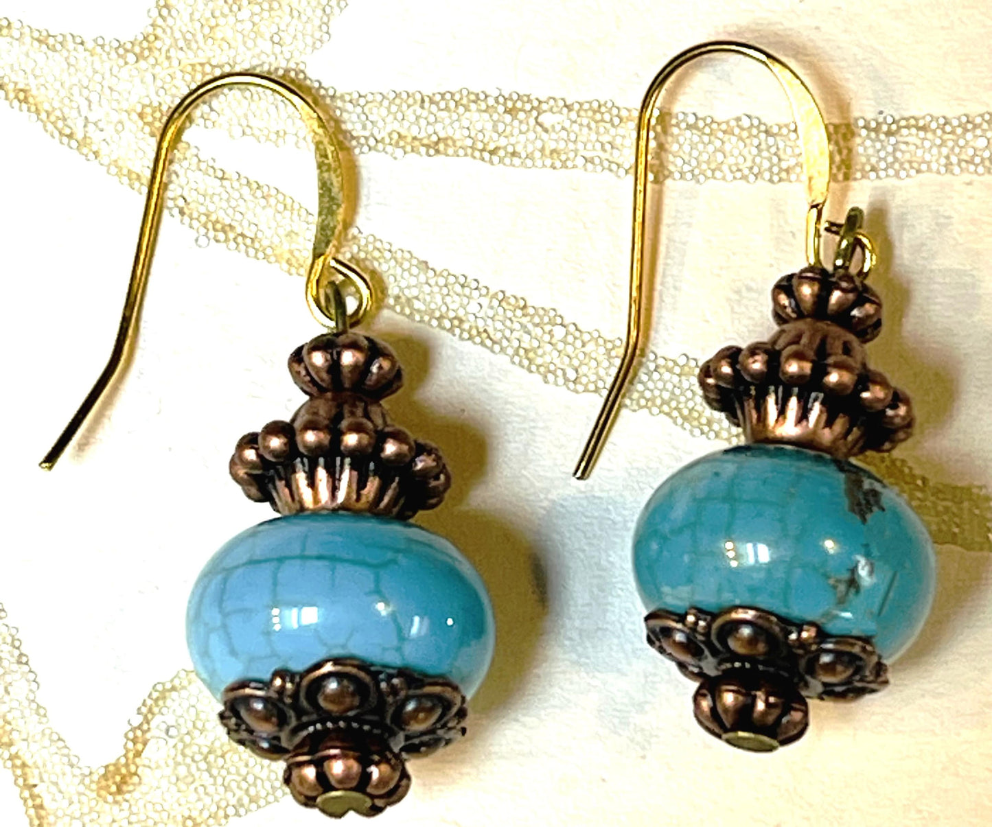 Turquoise Glass with Copper Accent Bead. Hypoallergenic French earrings Hooks, Gold Plate Ear Wire.