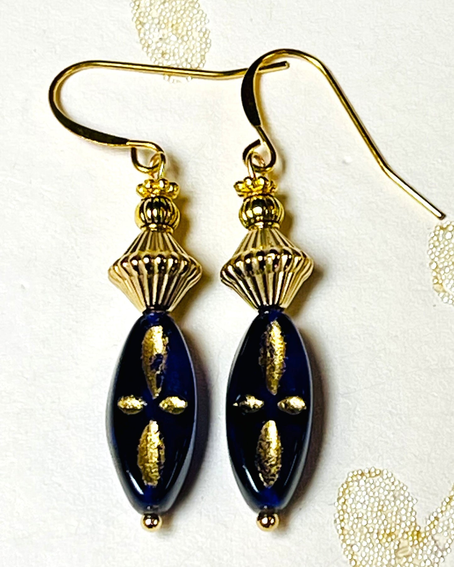 Cobalt Blue with Gold Etching Czech Glass Earrings. Hypoallergenic French earrings Hooks, Gold Plated Wire.