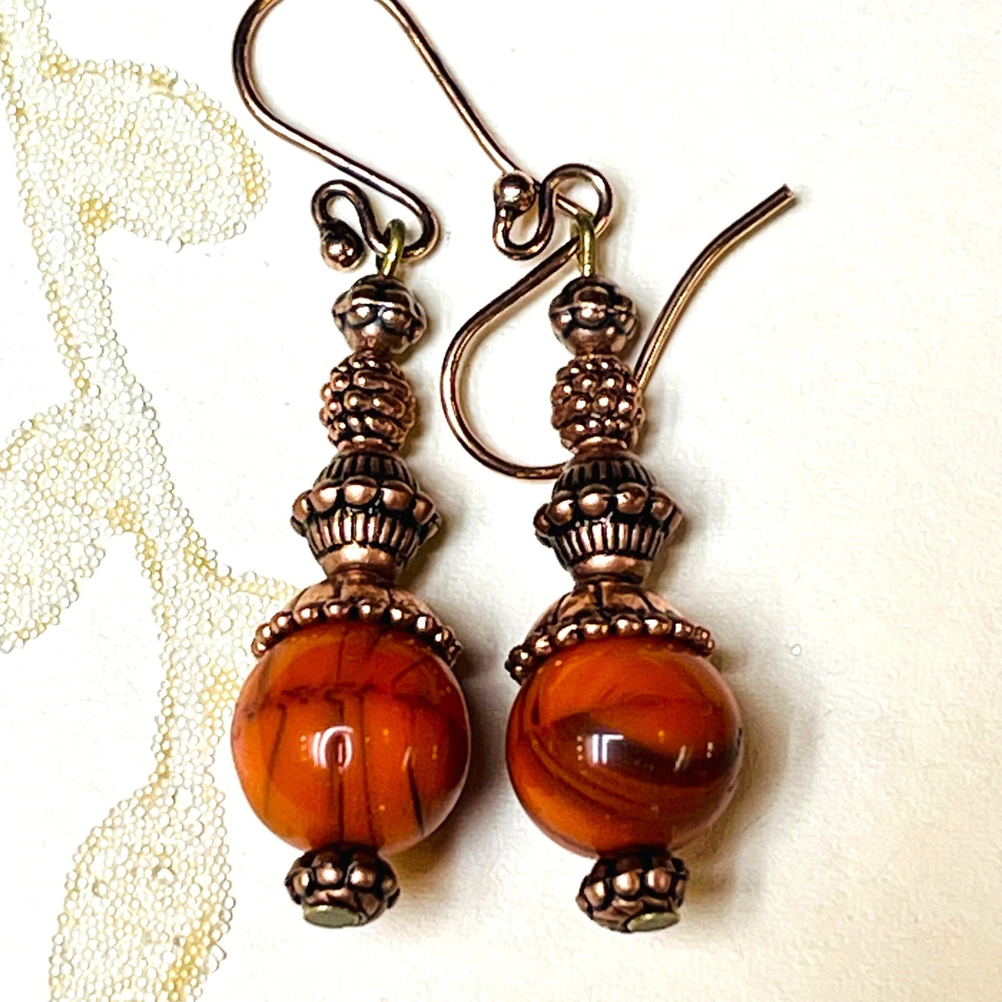 Orange and Copper Czech Glass Earrings. Hypoallergenic French earrings Hooks, Gold Plated Wire.