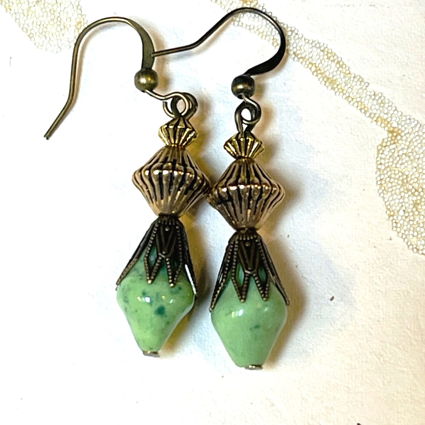 Green and Black Spot Vintage Czech Glass Earrings. Hypoallergenic French earrings Hooks, Gold Plated Wire.