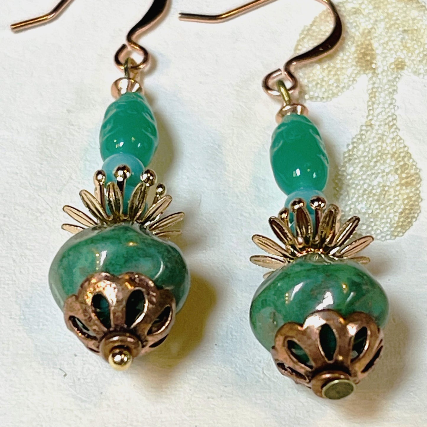 Green and Copper Earrings, Vintage Czech Glass beads. Hypoallergenic French earrings Hooks, Gold Plated Wire.