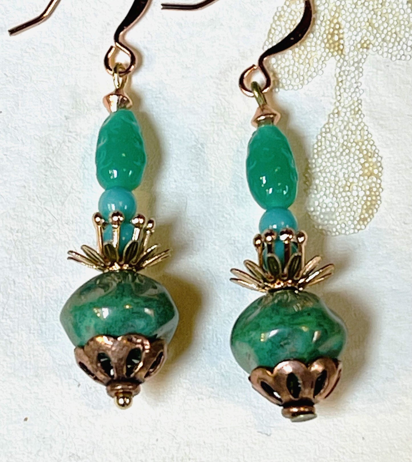 Green and Copper Earrings, Vintage Czech Glass beads. Hypoallergenic French earrings Hooks, Gold Plated Wire.