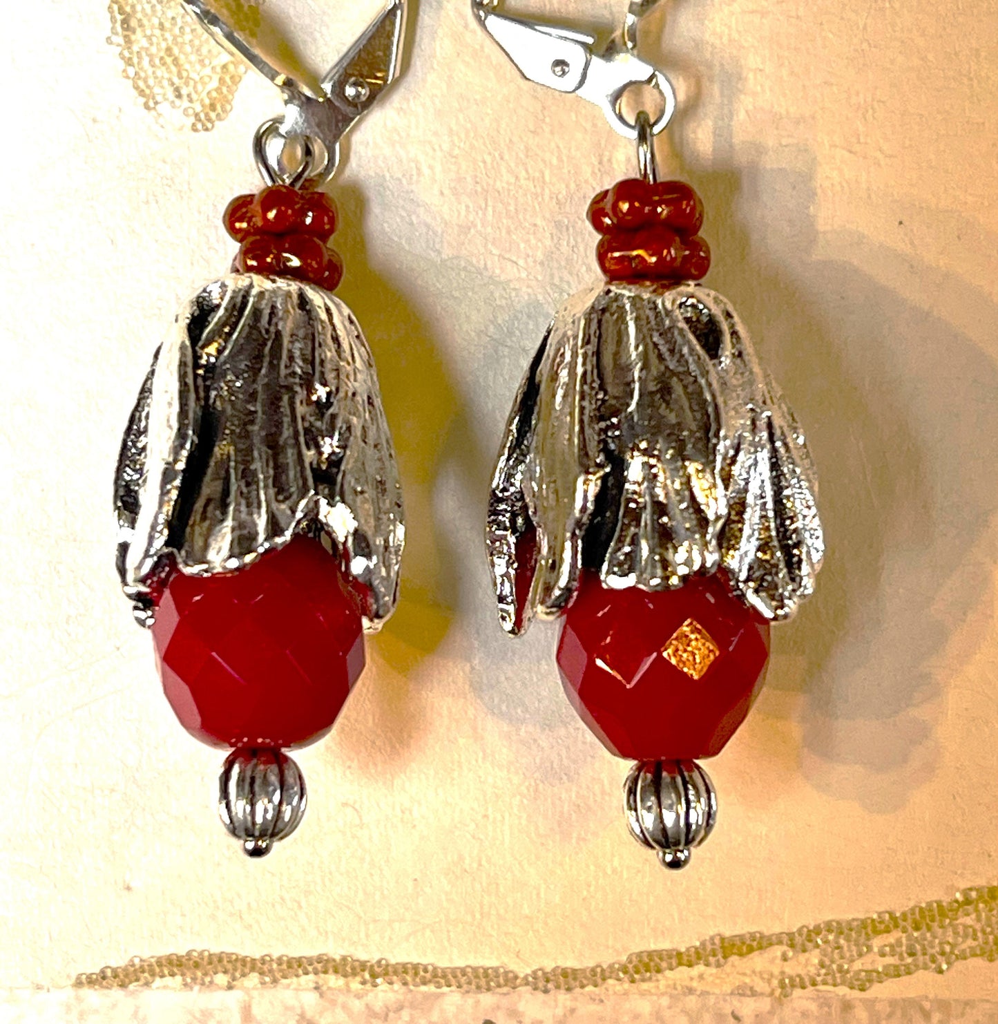 Red and Silver colored earrings. Hypoallergenic French earrings Hooks, Silver Plated Wire.