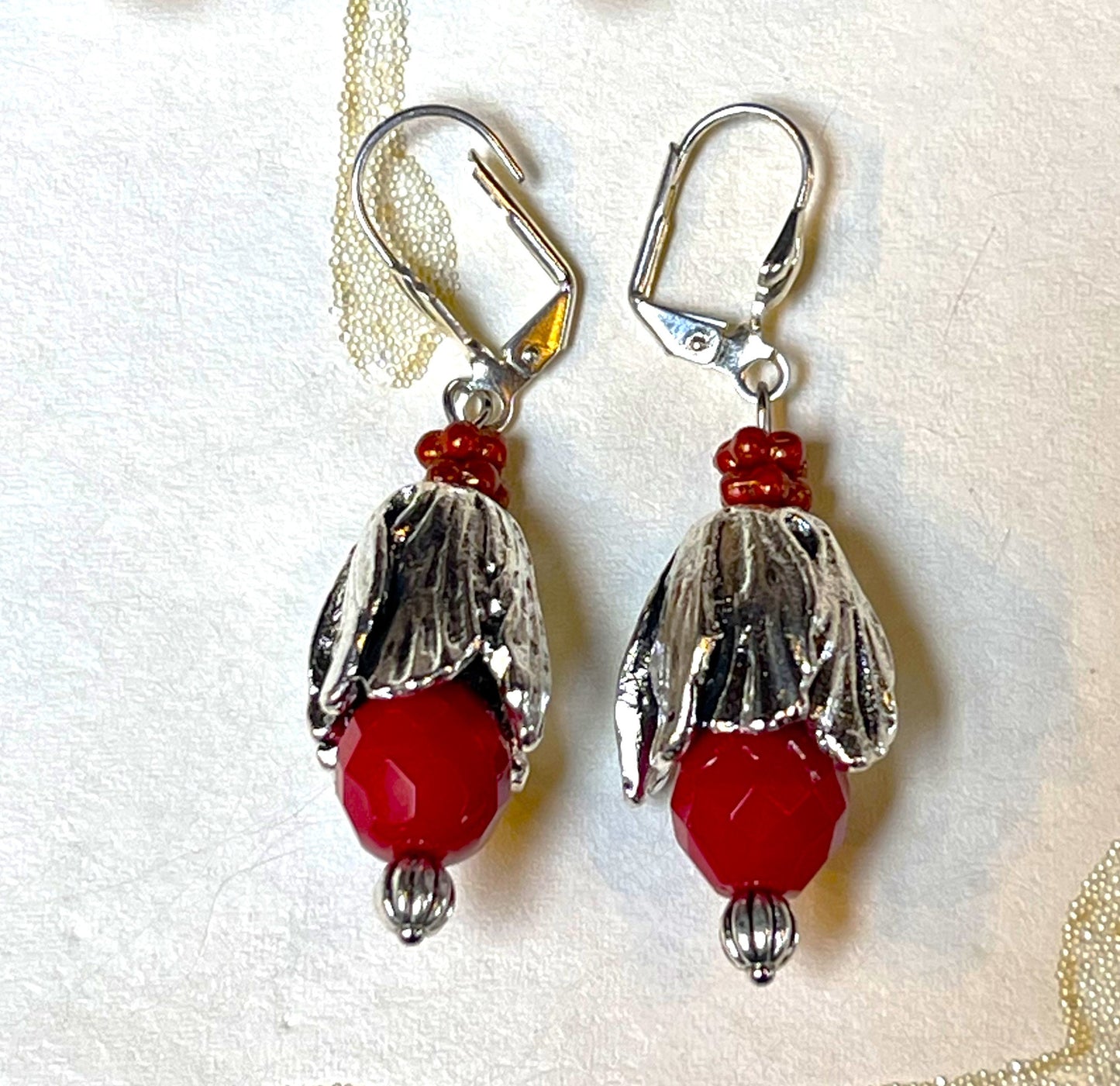 Red and Silver colored earrings. Hypoallergenic French earrings Hooks, Silver Plated Wire.
