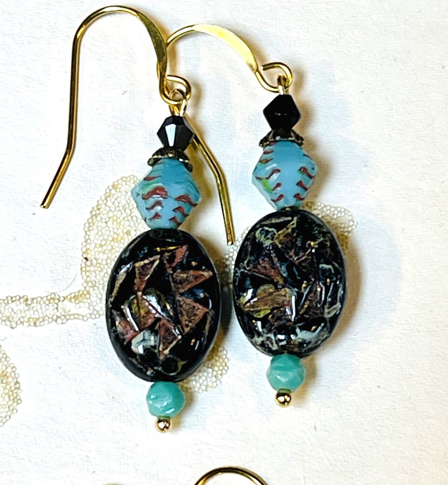 Vintage black etched Czech beads with turquoise Czech beads earrings. Hypoallergenic French earrings Hooks, Gold Plated Ear Wire.