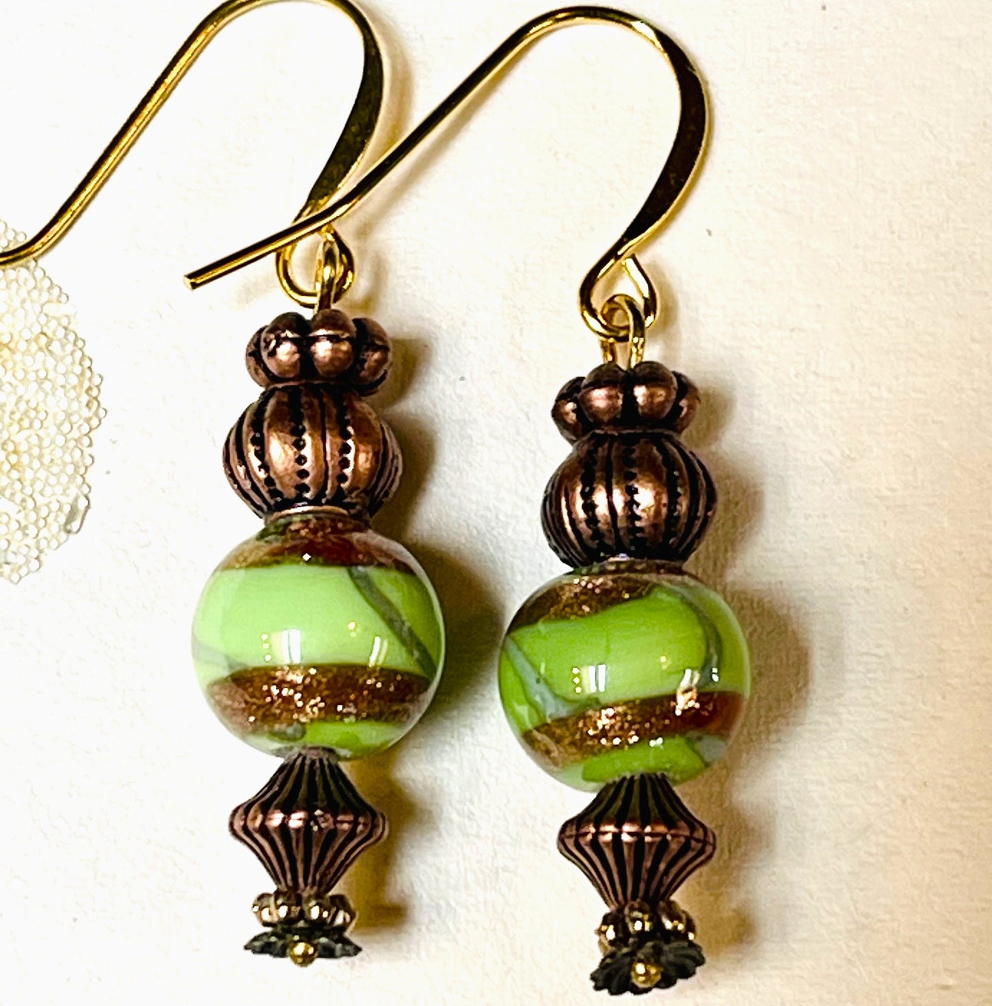 Copper-Gold Green Vintage Glass Czech beads Copper plated Beads, Earrings. Hypoallergenic French earrings Hooks, Gold Plated Ear Wire.