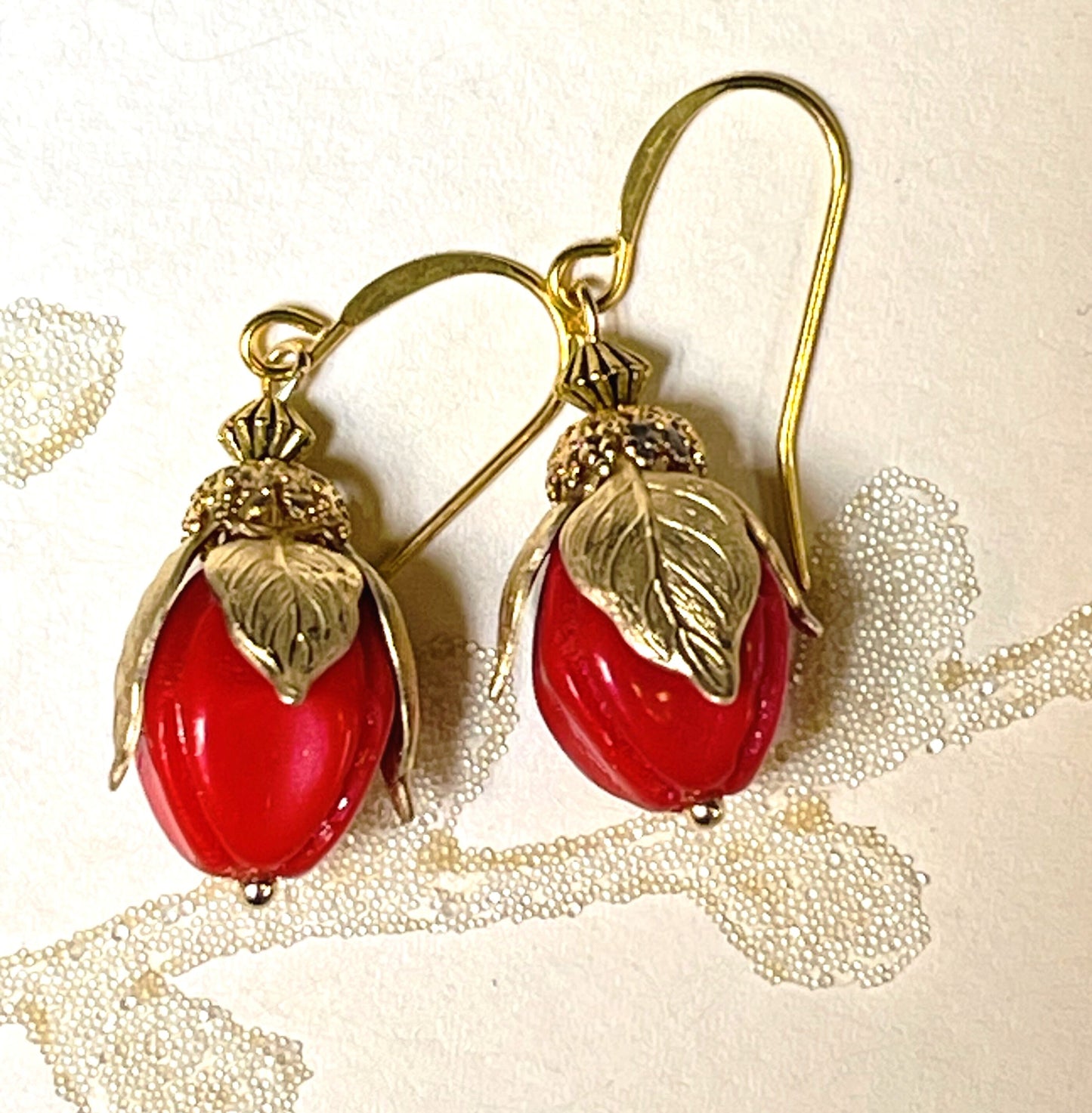 Gold Leaves on Vintage Glass Czech Bead Earrings. Hypoallergenic French earrings Hooks, Gold Plated Ear Wire.