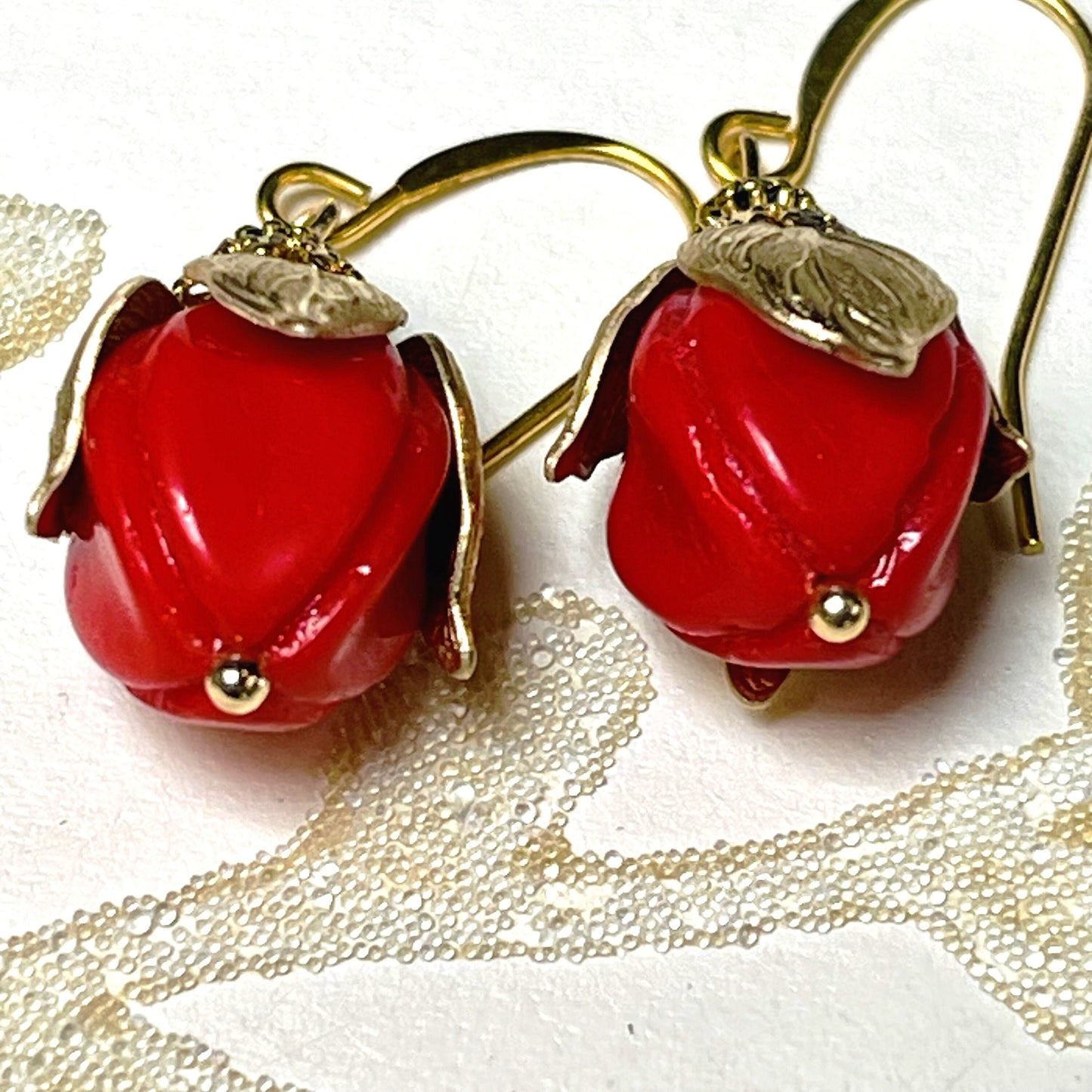 Gold Leaves on Vintage Glass Czech Bead Earrings. Hypoallergenic French earrings Hooks, Gold Plated Ear Wire.