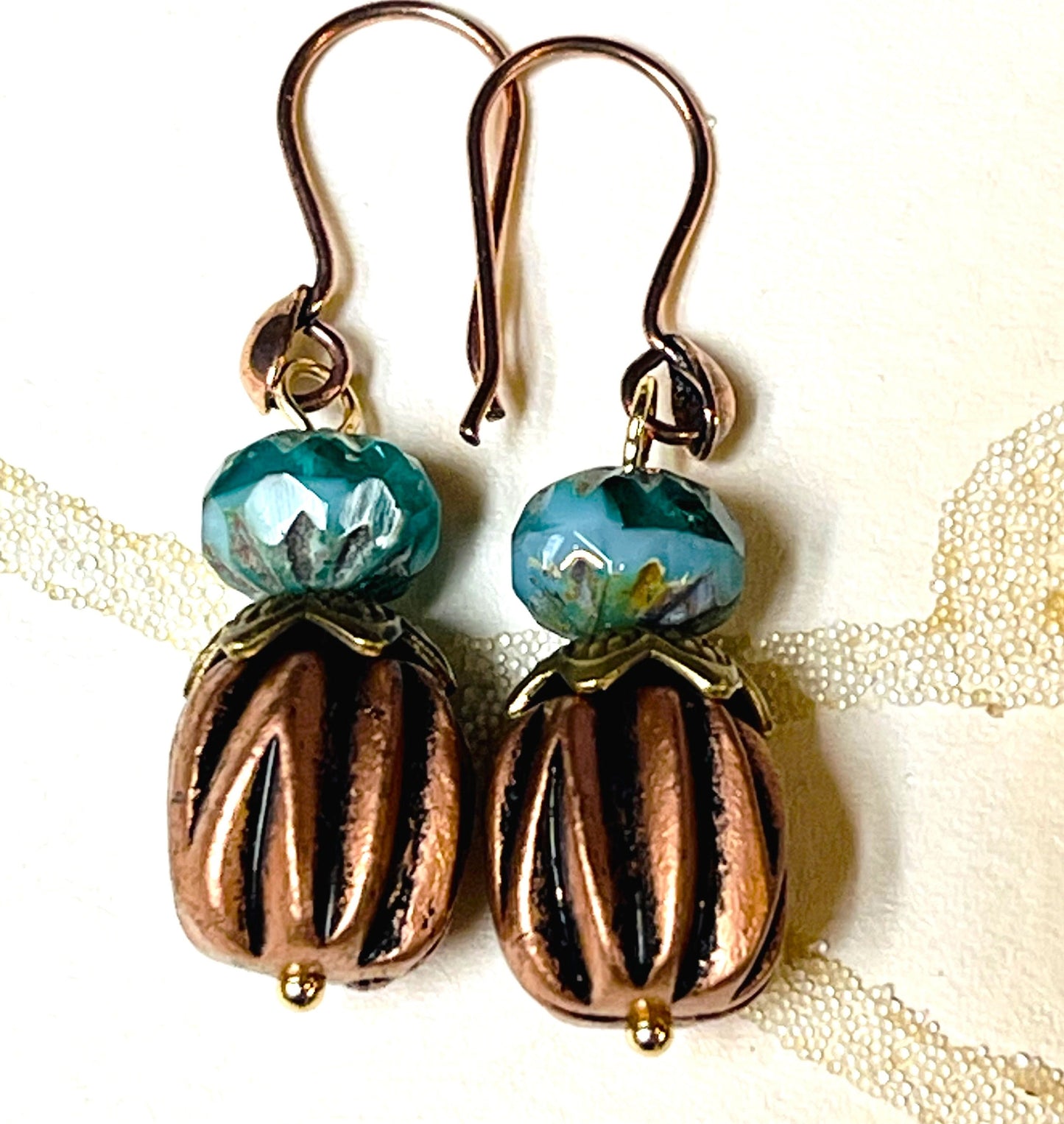 Copper-plated Beads with Green Turquoise Czech beads, Earrings. Hypoallergenic French earrings Hooks, Copper Plated Ear Wire.