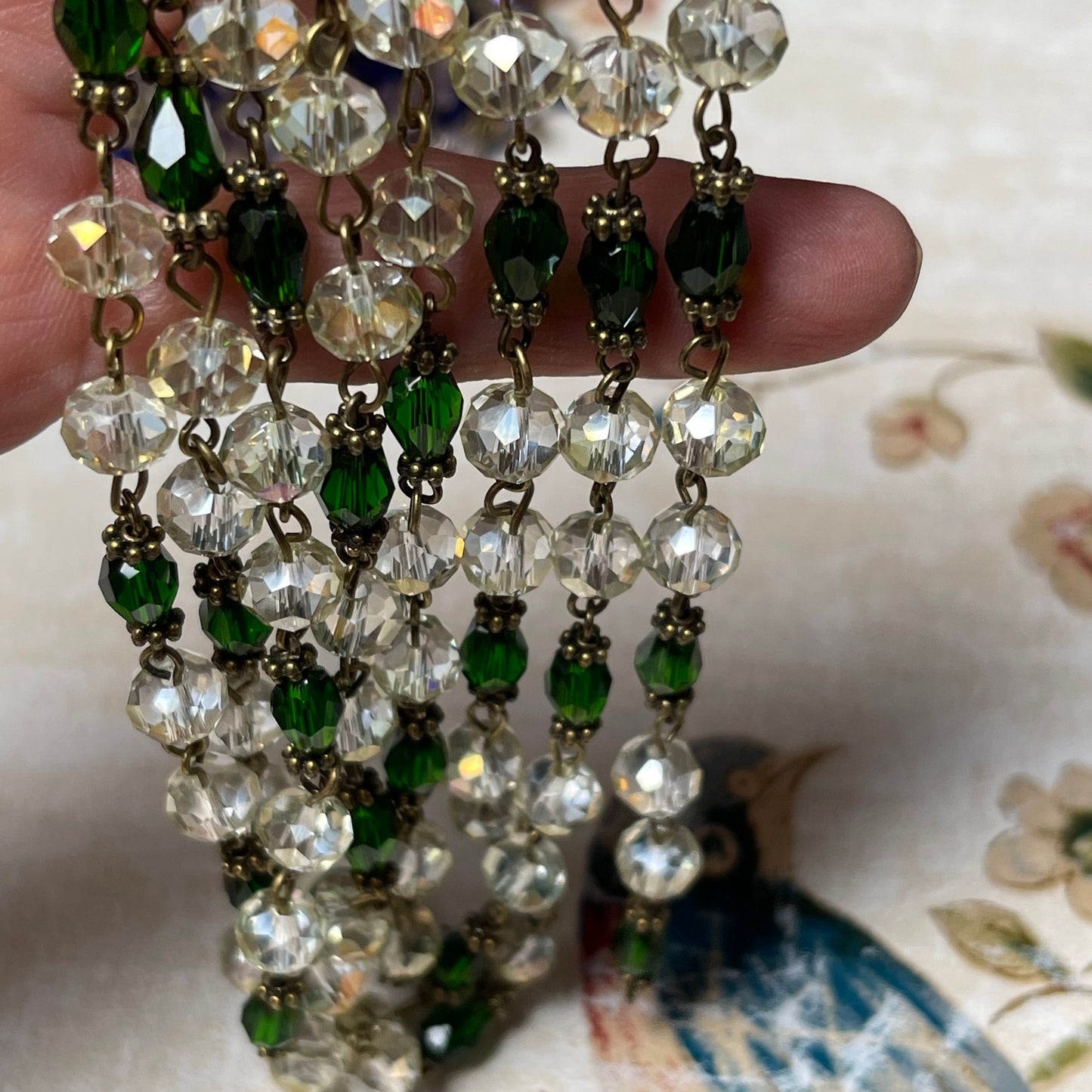 Handcrafted By The Bohemian Jewelry Co., 7.6mm Pale Topaz Glass Crystal And Emerald Green Bead Chain. Sold By the Foot