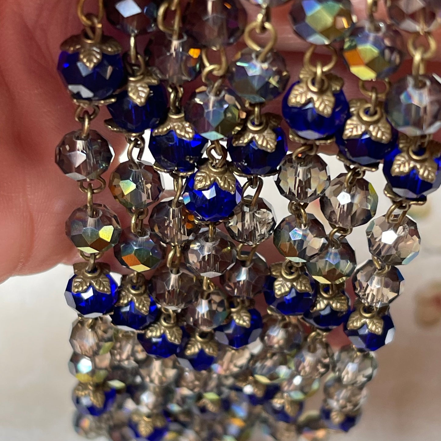 Handcrafted By The Bohemian Jewelry Co., 7.6mm Pale Purple and Cobalt Blue Glass with Brass. Bead Chain. Sold By the Foot