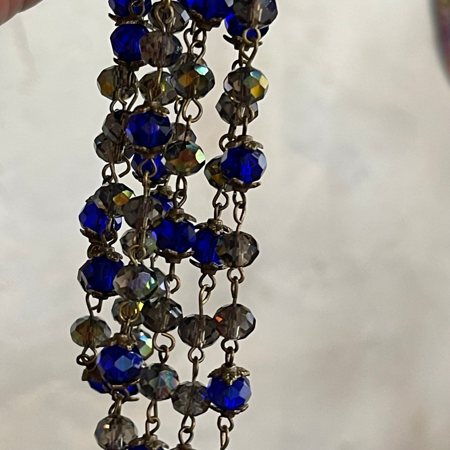 Handcrafted By The Bohemian Jewelry Co., 7.6mm Smokey Topaz and Cobalt Blue Glass with Brass Wire. Bead Chain. Sold By the Foot