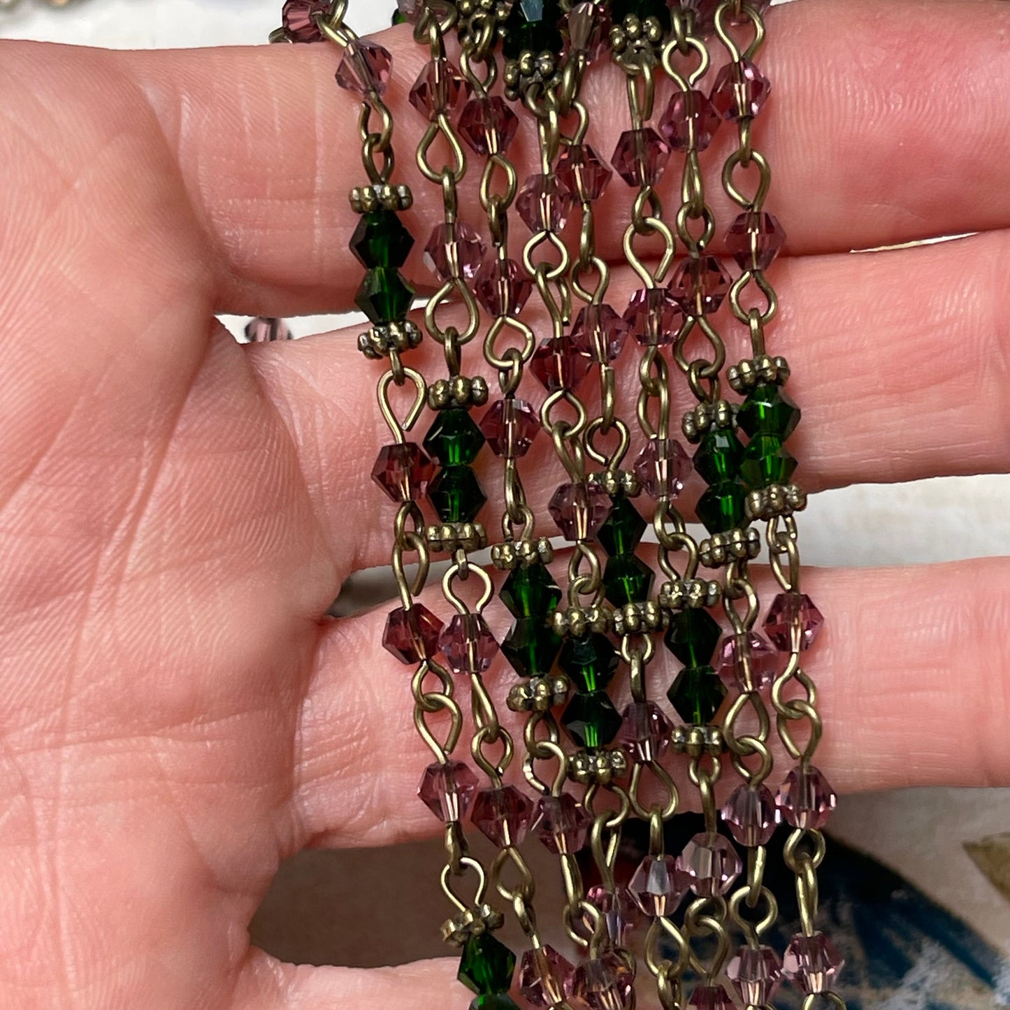 Handcrafted By The Bohemian Jewelry Co., 7.7mm Delicate Emerald and Purple Bead Chain, Sold By the Foot