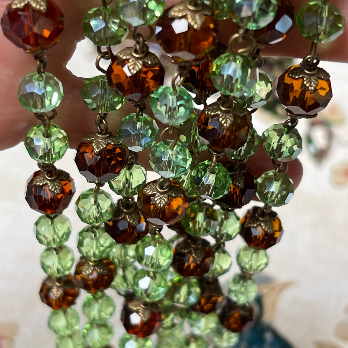 Handcrafted By The Bohemian Jewelry Co., 7.7mm Golden Fall Topaz and Green Glass With Brass Wire.Bead Chain. Sold By the Foot