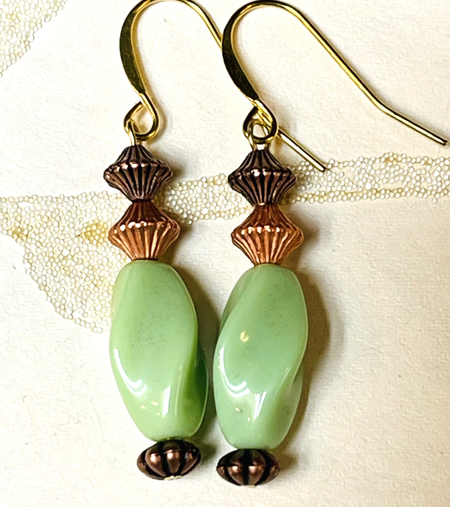 Sea Green Twisted Vintage Glass Czech Bead Earrings. Hypoallergenic French Earrings Hooks, Gold Plated Ear Wire.