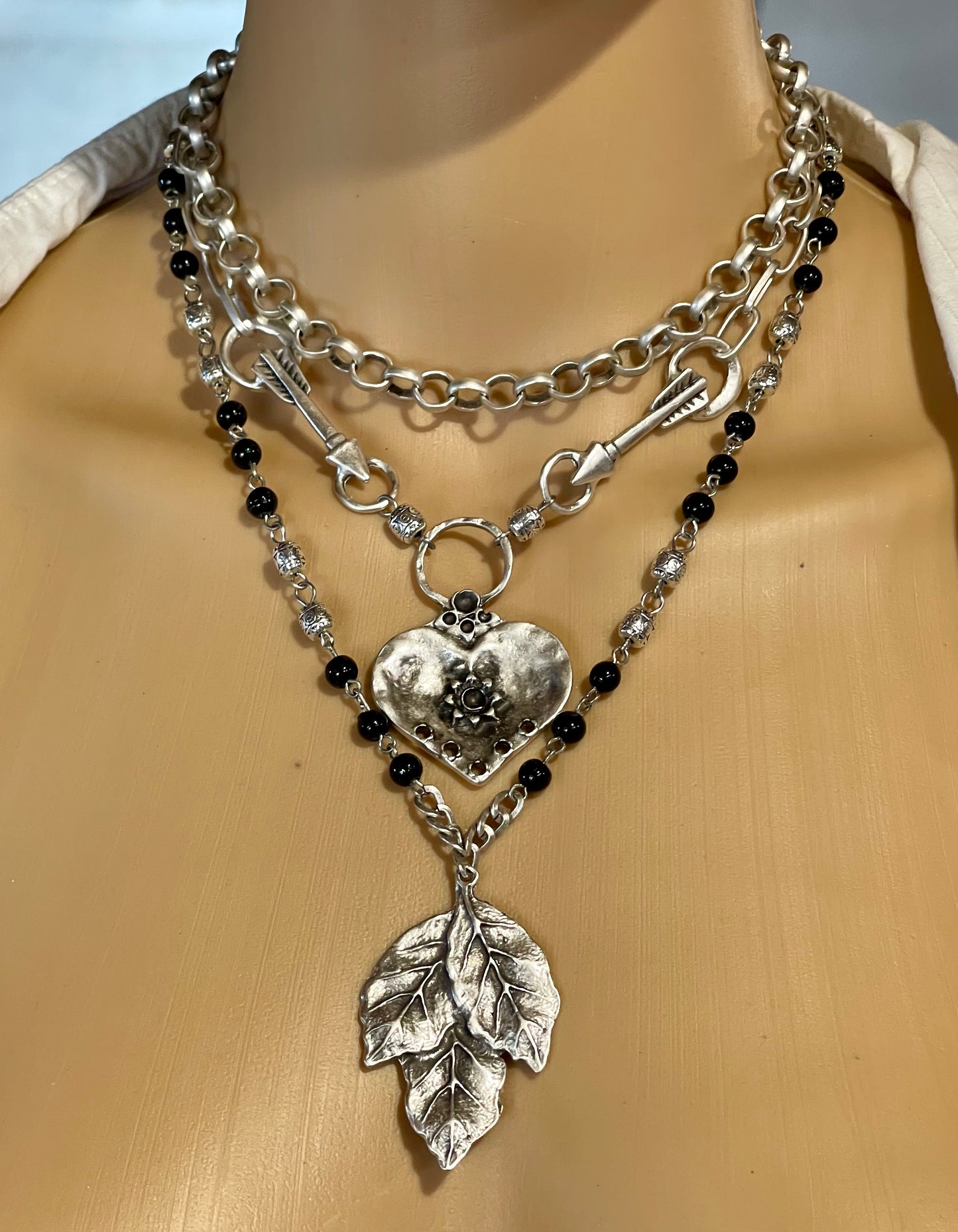 Silver Plate, Large Pendant Necklace. Black Bead Glass chain, Multi-Link Chain Statement Necklace.