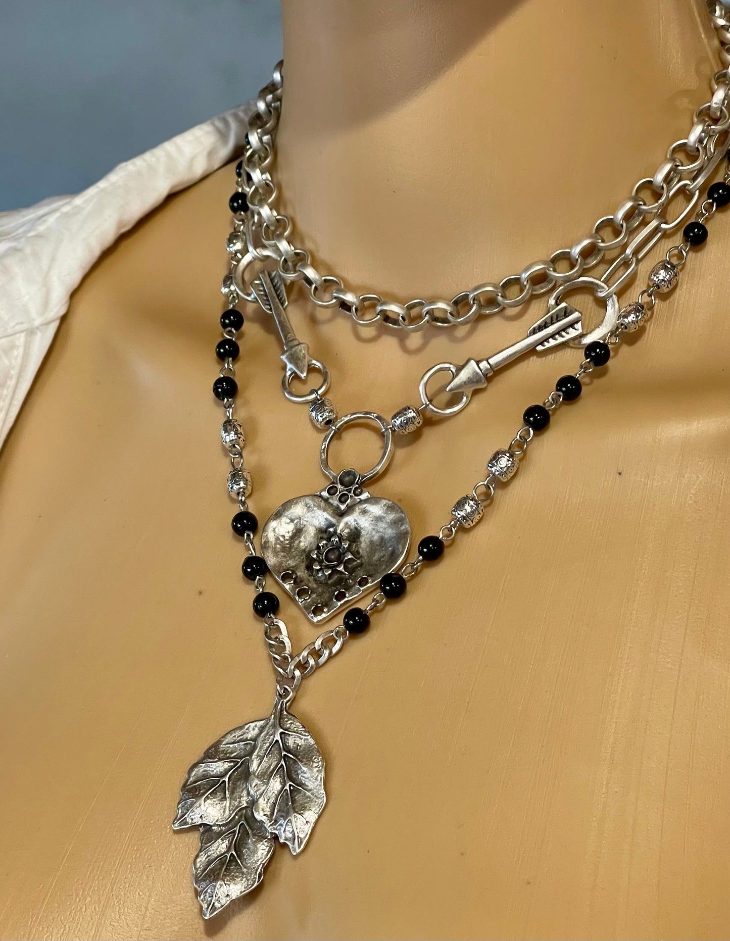 Silver Plate, Large Pendant Necklace. Black Bead Glass chain, Multi-Link Chain Statement Necklace.