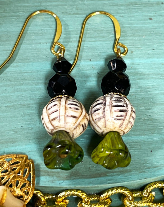 Vintage Carved Bone Lantern Style Earrings with Czech Glass Flowers. Hypoallergenic French Earring Hooks, Gold Plated Wire.