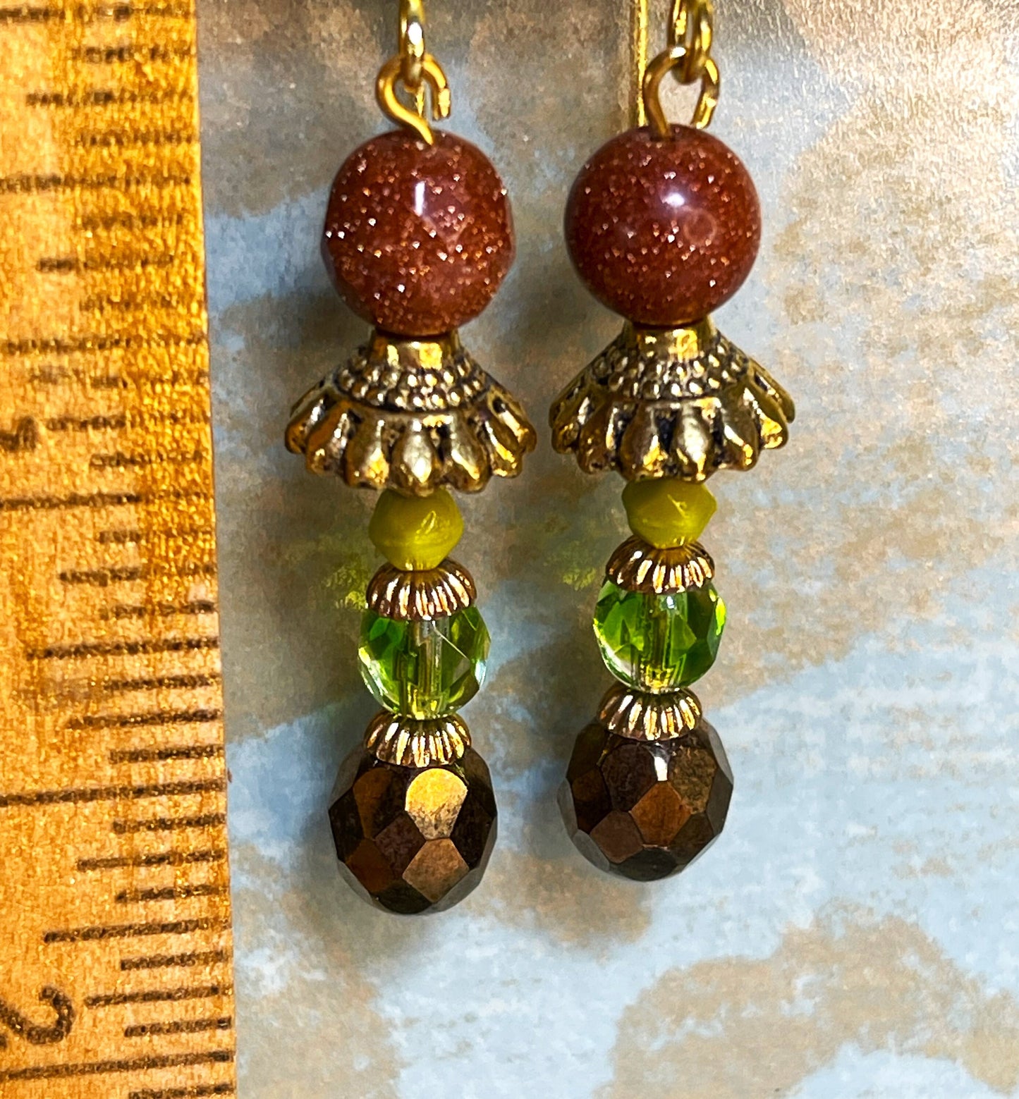 Vintage Earrings, Natural Goldstone, and Brass. Hypoallergenic French Earring Hooks, Gold Plated Wire