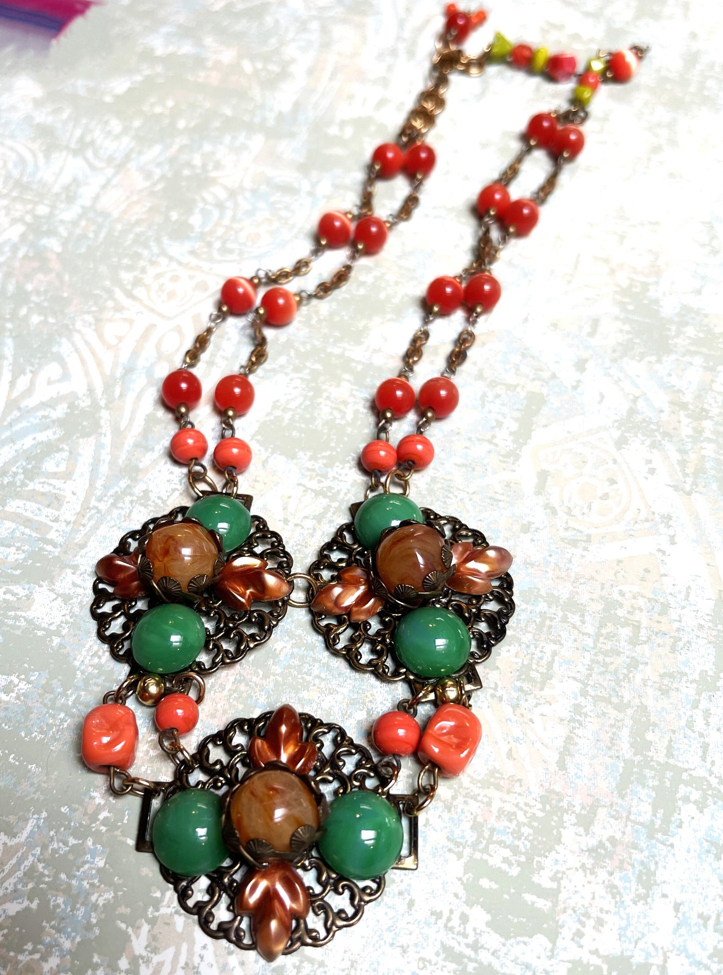 Boho Vintage Glass Bead Necklace, Vintage Green Glass Cabochons, and Lucite Gold Cabochons On a Brass Base