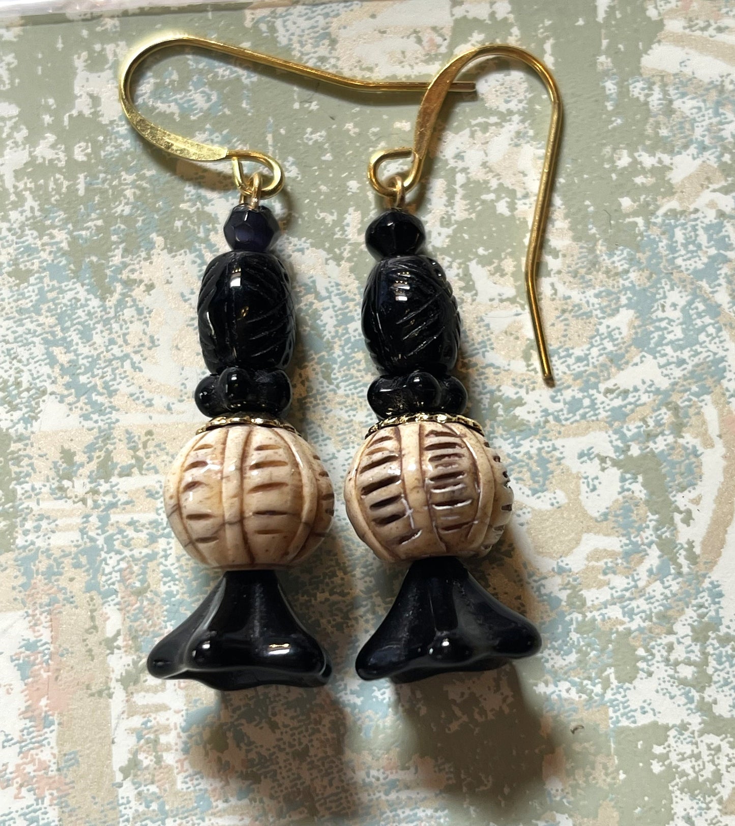 Vintage Earrings, Black, earth-tone carved beads, Czech glass. Hypoallergenic French Earring Hooks, Gold Plated Wire