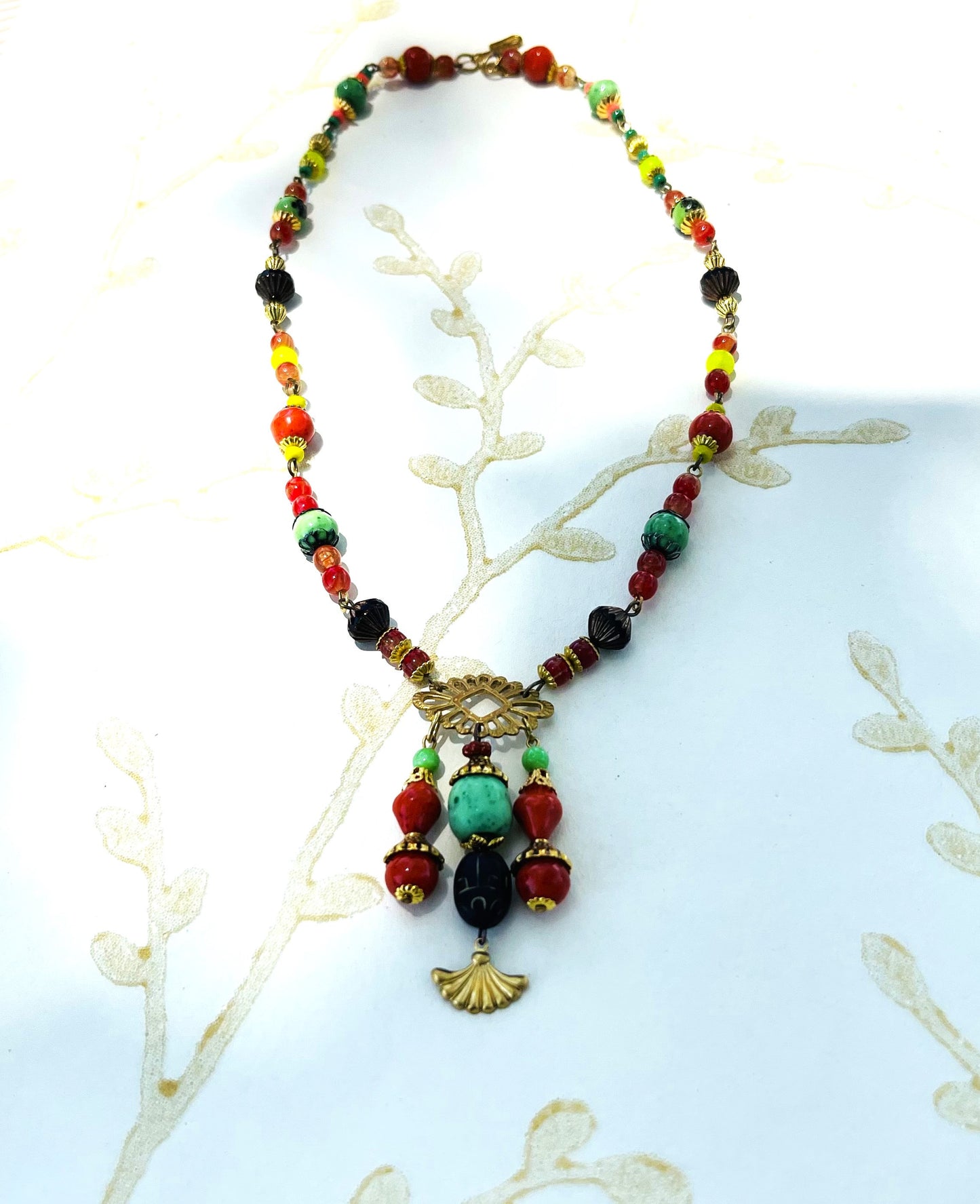 Vintage Glass beads With Green, Black, Gold, and Orange. Egyptian-style Black and gold Scarab Necklace.