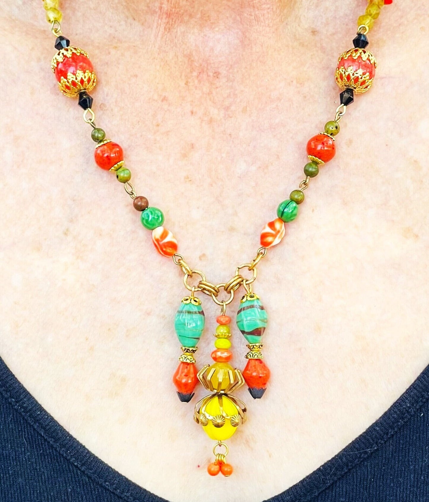 Vintage Bright Fun Boho Rosary-Style Hand Looped Necklace