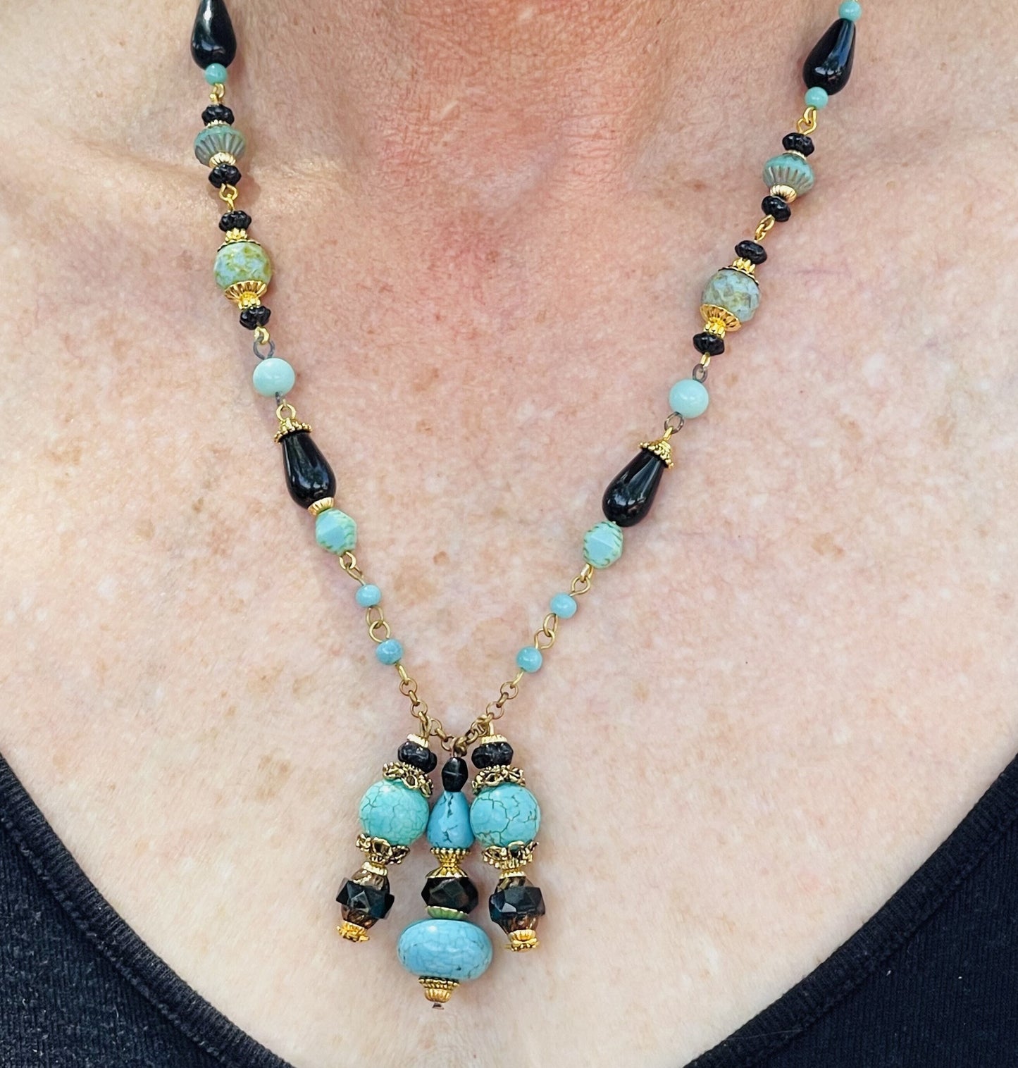 Vintage, Red, Dark Red, and Black Czech Glass Beaded Necklace. With Gold accents.