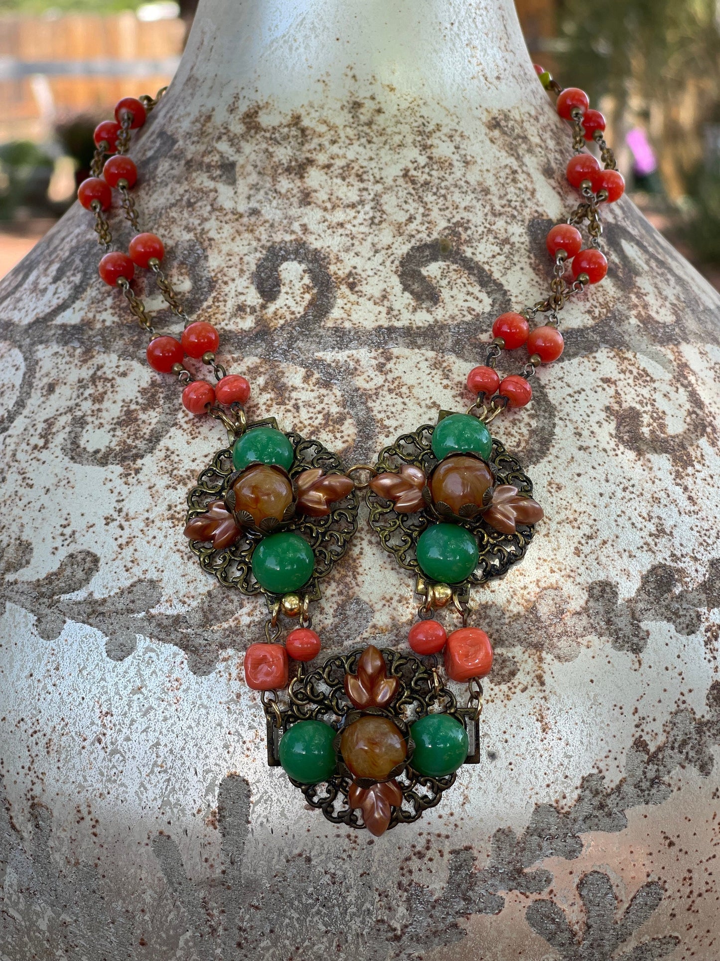 Boho Vintage Glass Bead Necklace, Vintage Green Glass Cabochons, and Lucite Gold Cabochons On a Brass Base